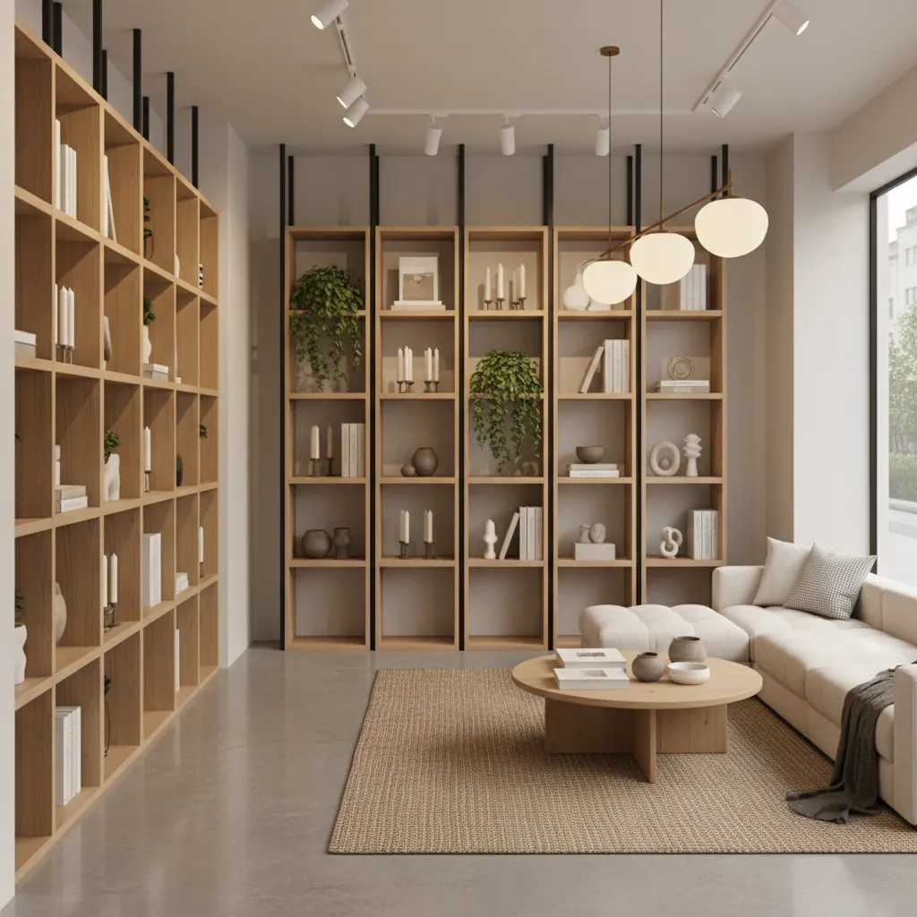 Retail showroom display using decorative bookshelf styling