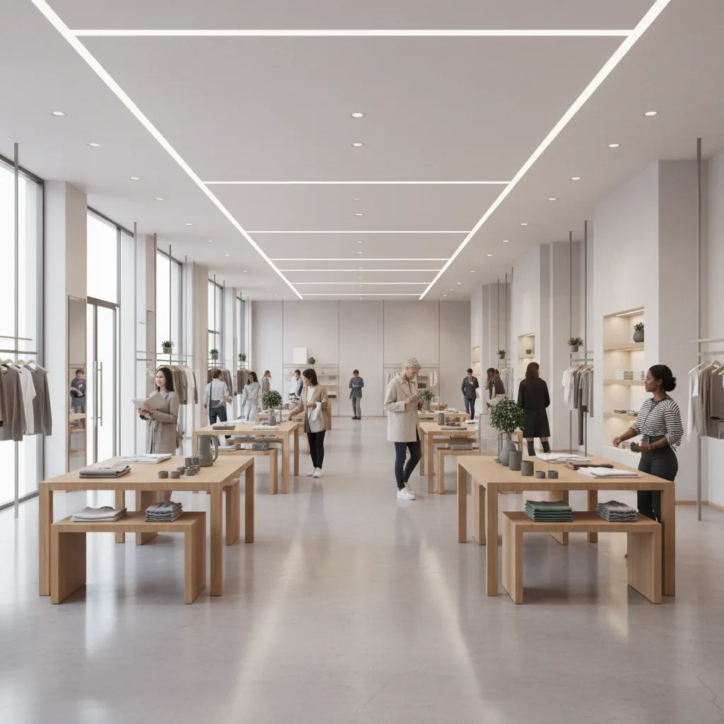 retail store layout with properly spaced display tables and wide aisles