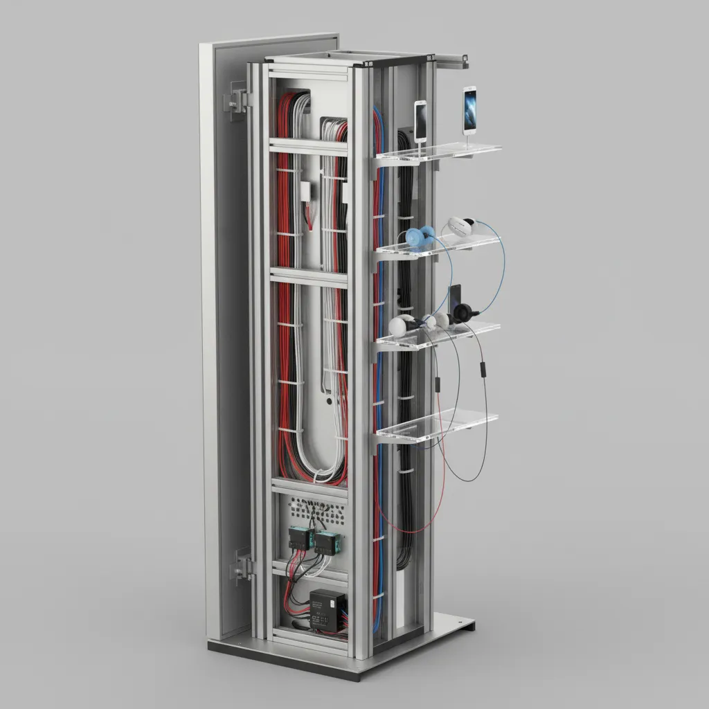 Internal wiring routing channels inside a retail POP display pillar