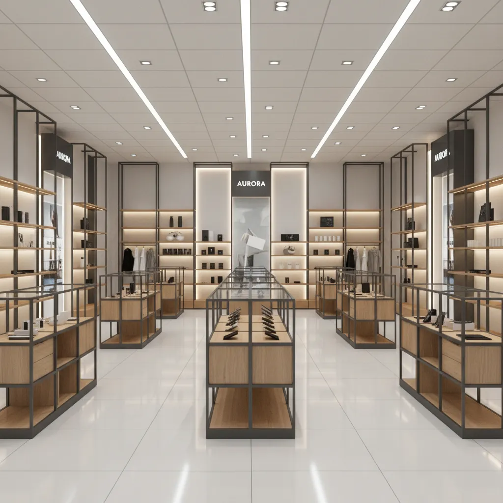 Retail store interior with modular display fixtures and branded shelving systems