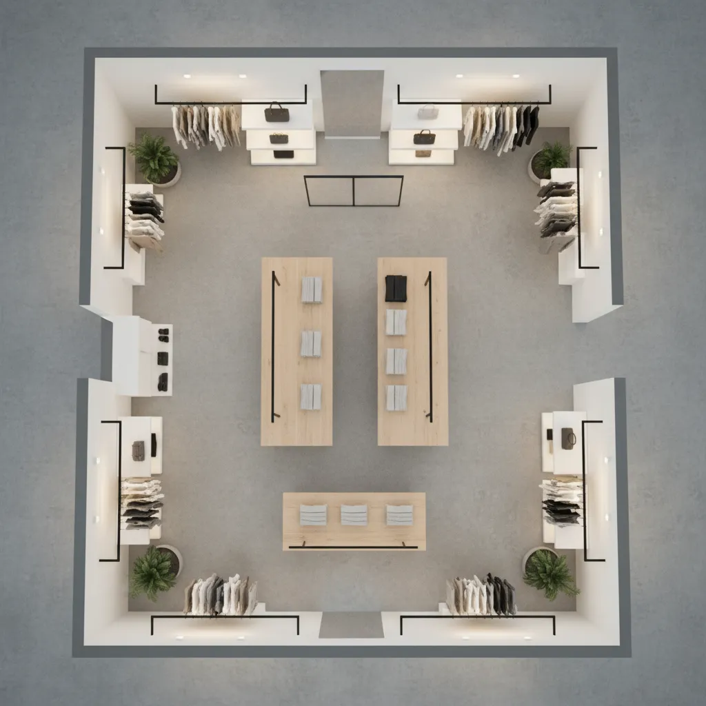 Visualización 3D de plano de una tienda con zonas de circulación