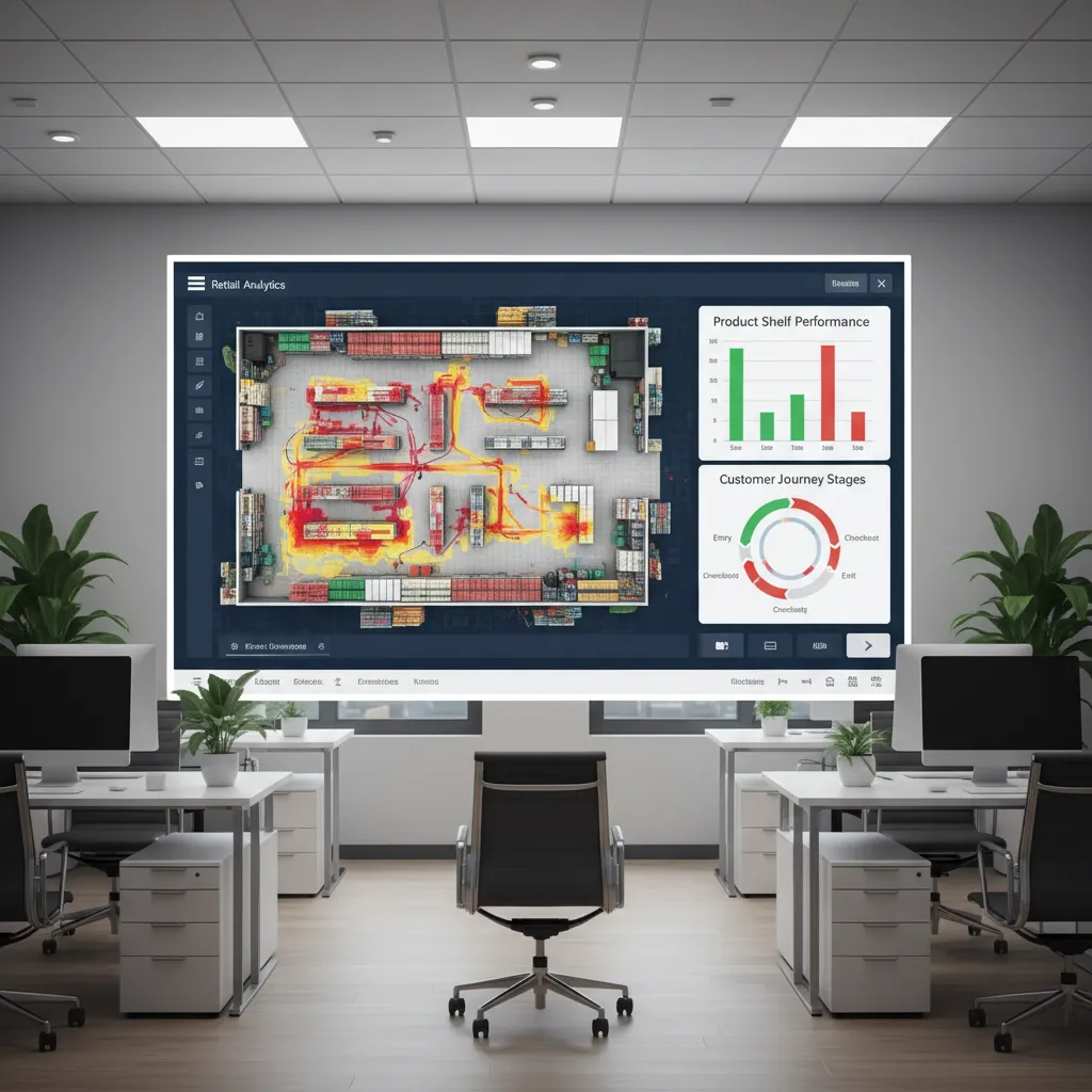 Retail store floor plan combined with analytics charts and movement paths