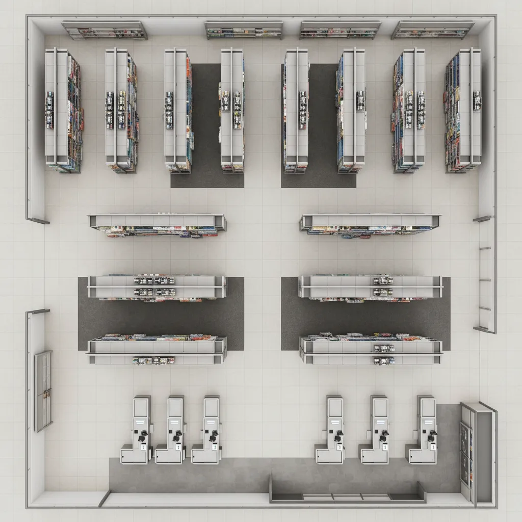 retail store floor plan layout showing aisles shelving and circulation paths