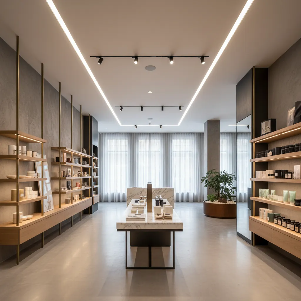 Diseño interior de una tienda moderna con iluminación y mobiliario personalizado