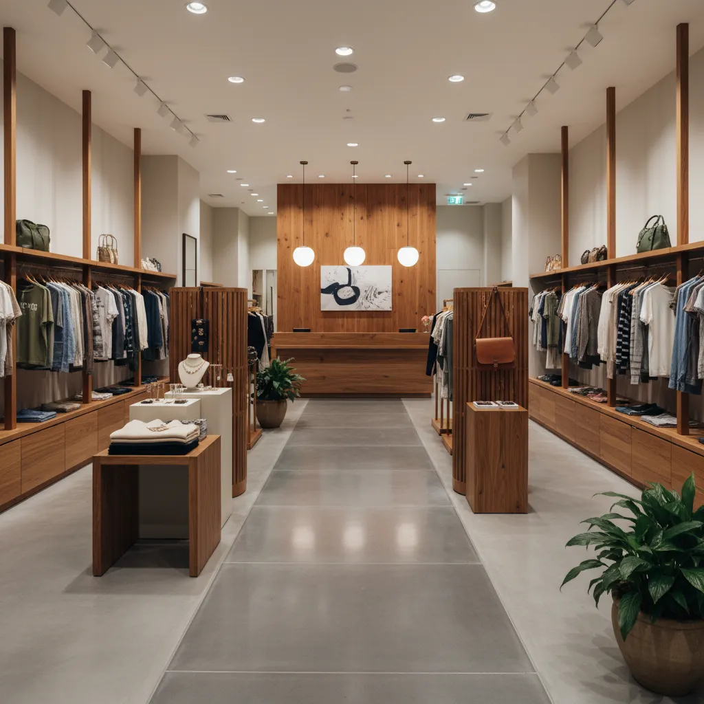 Modern clothing store interior with wooden display racks hanging clothes and round white hanging ceiling lights