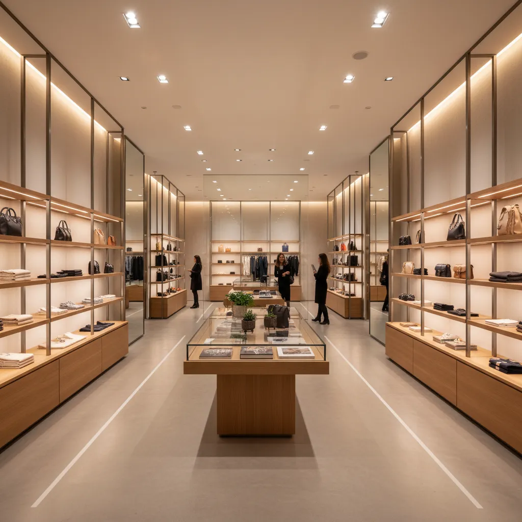 Luxury clothing store interior with wooden wall shelves glass display tables and bright ceiling light