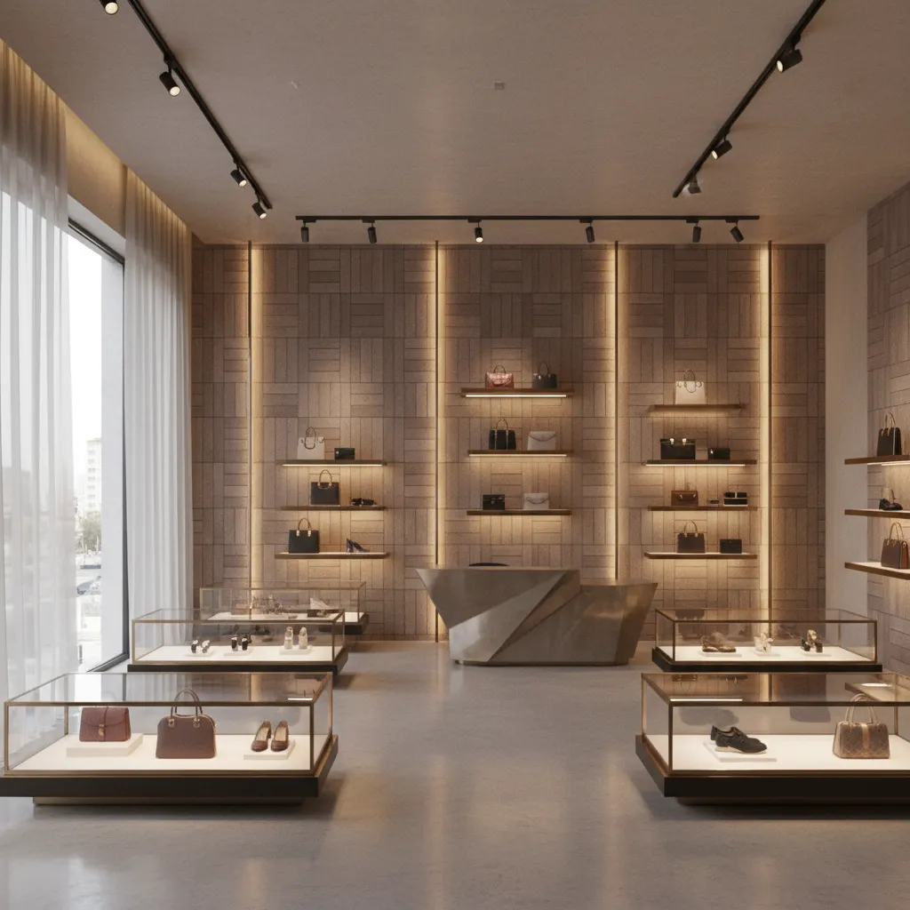 Retail store interior with textured finish board display wall