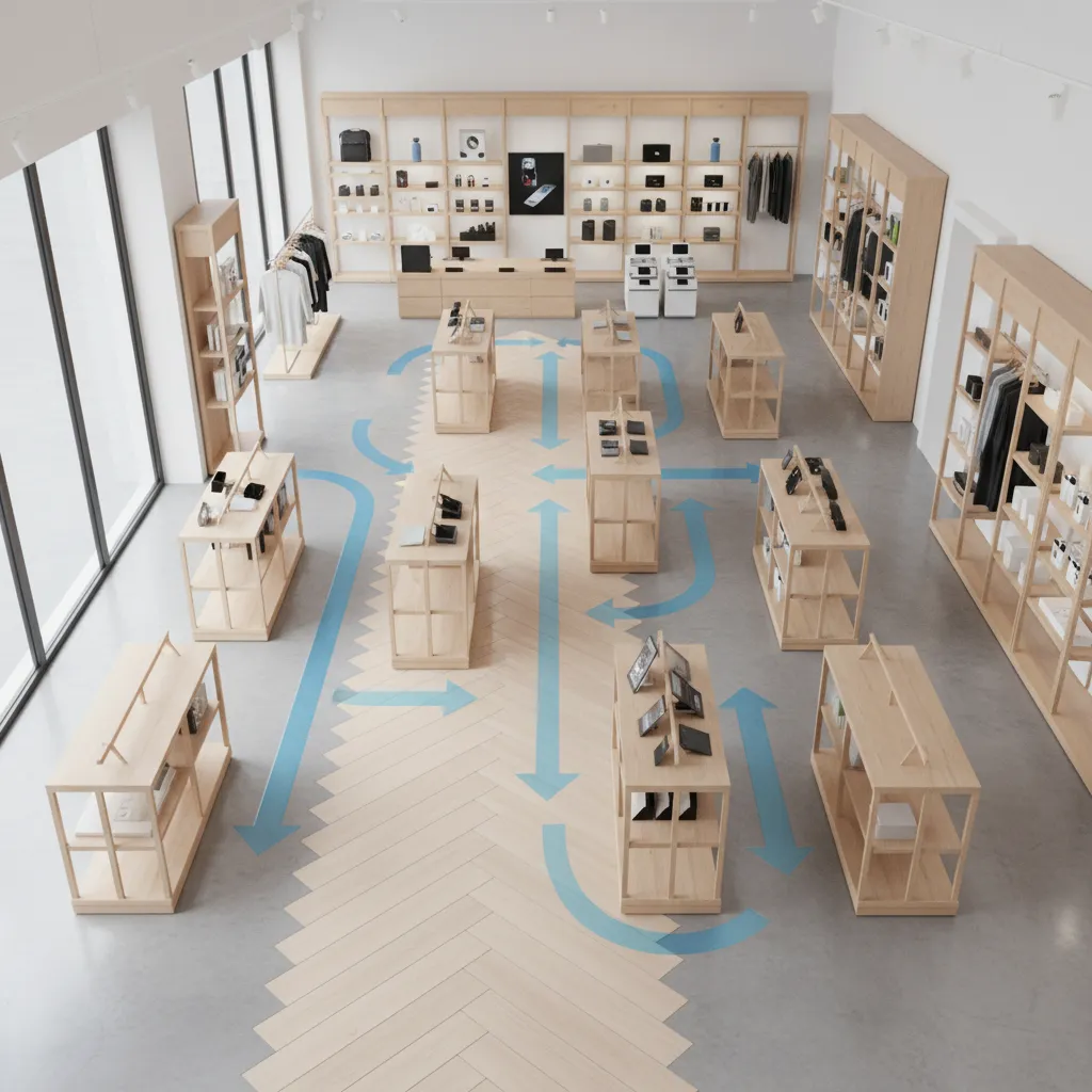 Plano conceptual mostrando flujo de clientes en tienda con diseño en espiga