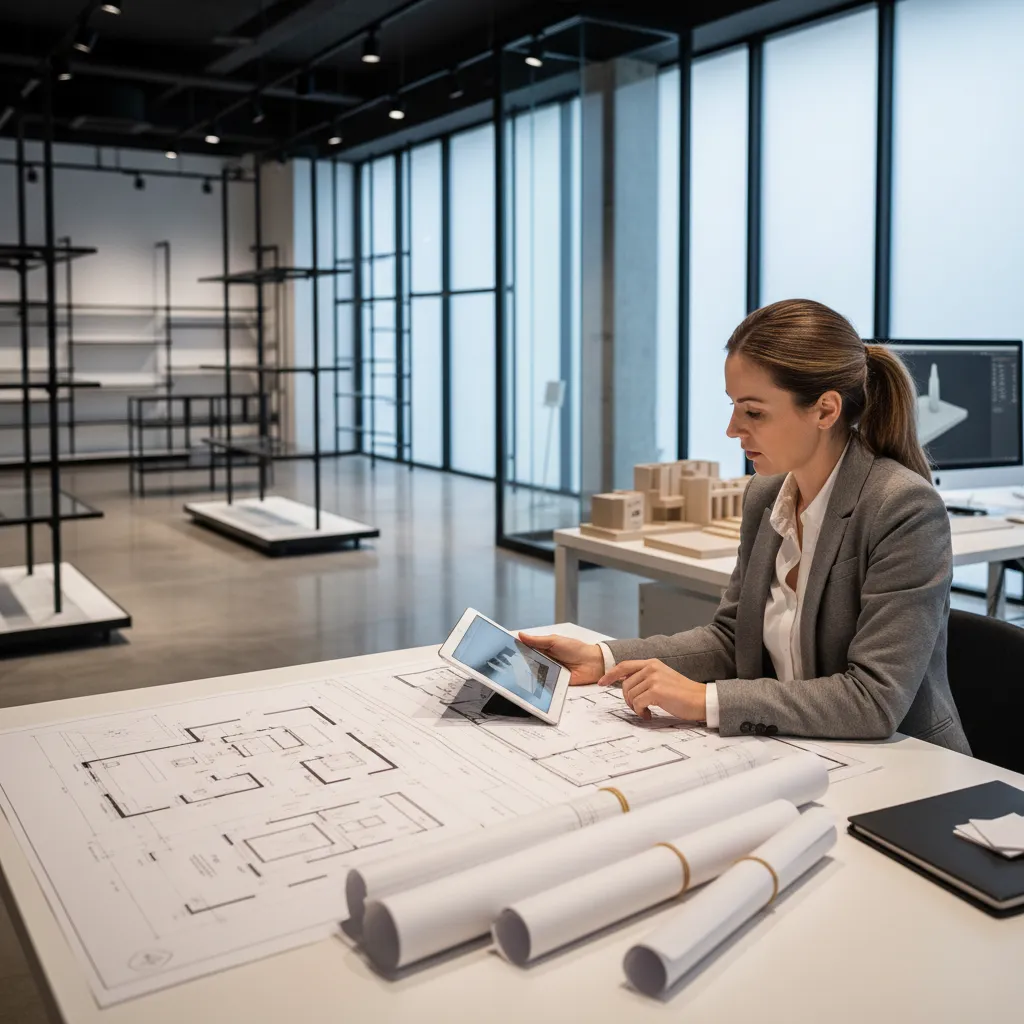 Designer analyzing retail store layout plan on tablet and floor plan drawing