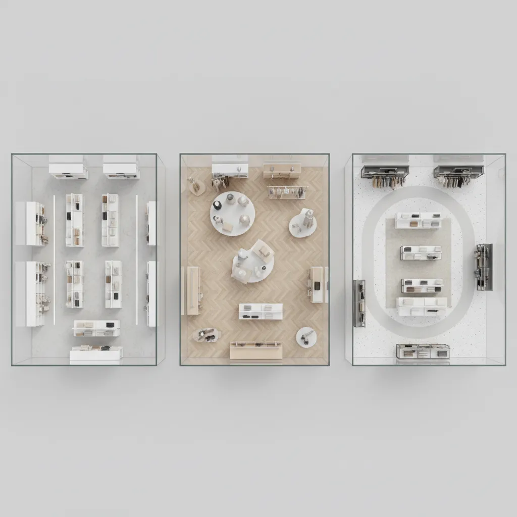 visual overview of three retail store layout types grid free flow and loop