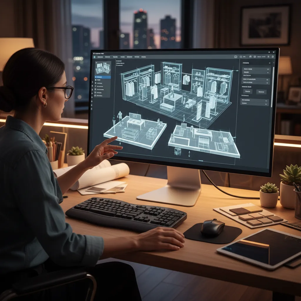 Female designer using interior design drawing software to create a professional retail clothing store layout