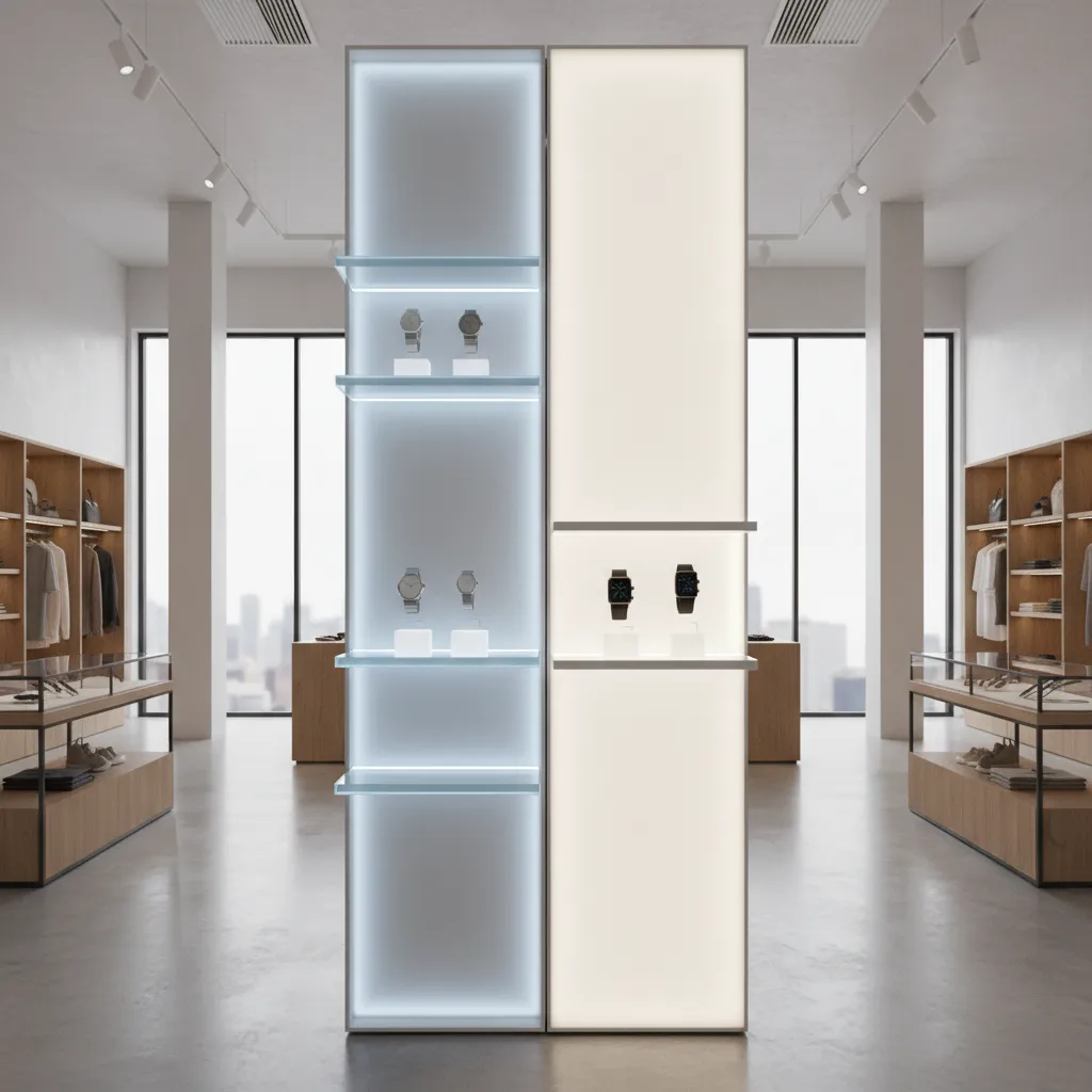 Comparison of LED strip lighting and backlit panel lighting in retail display pillars