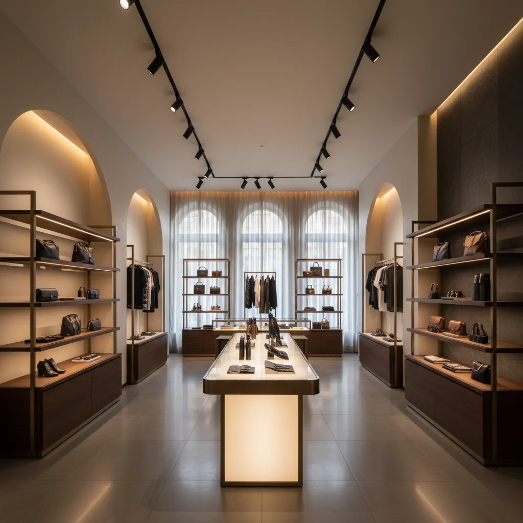 Sistema de iluminación de acento en una tienda resaltando productos