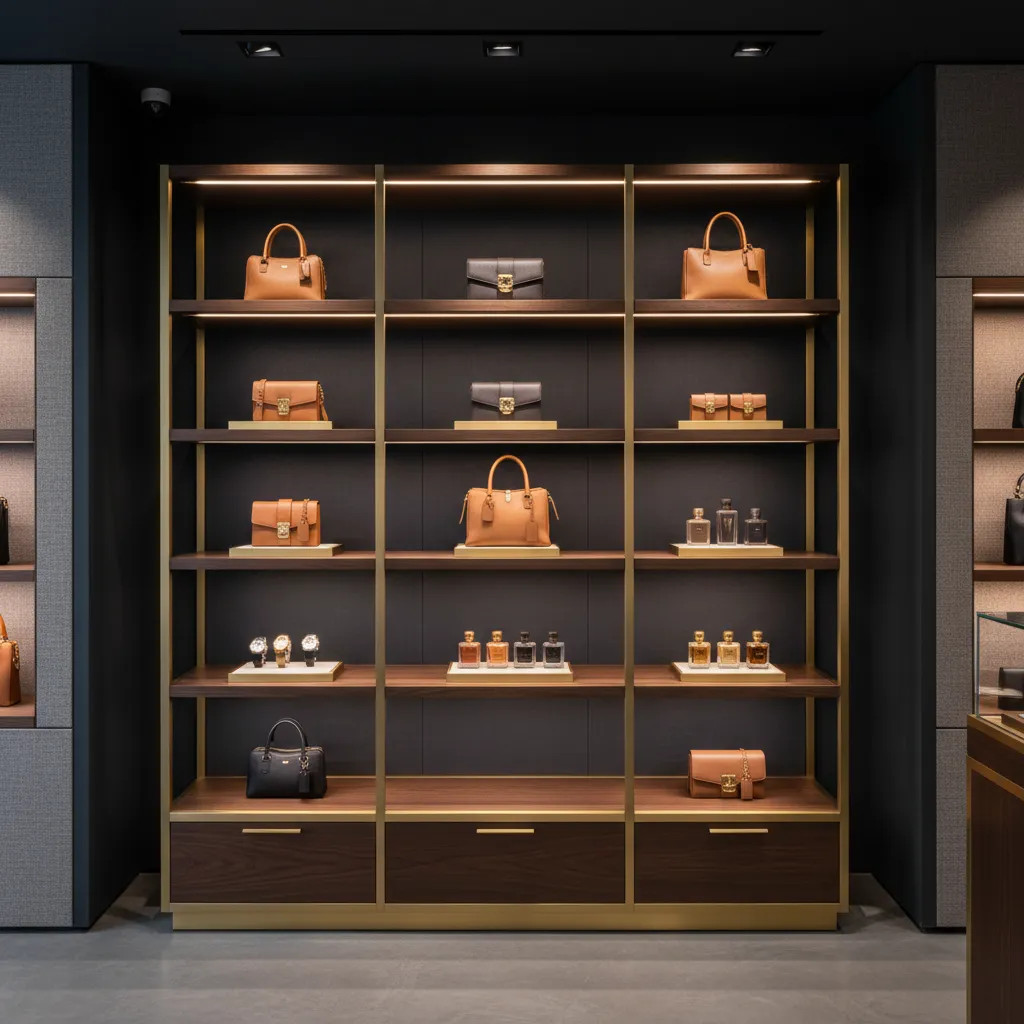 Dark luxury retail shelf displaying leather handbags and glass perfume bottles with warm built-in cabinet lighting