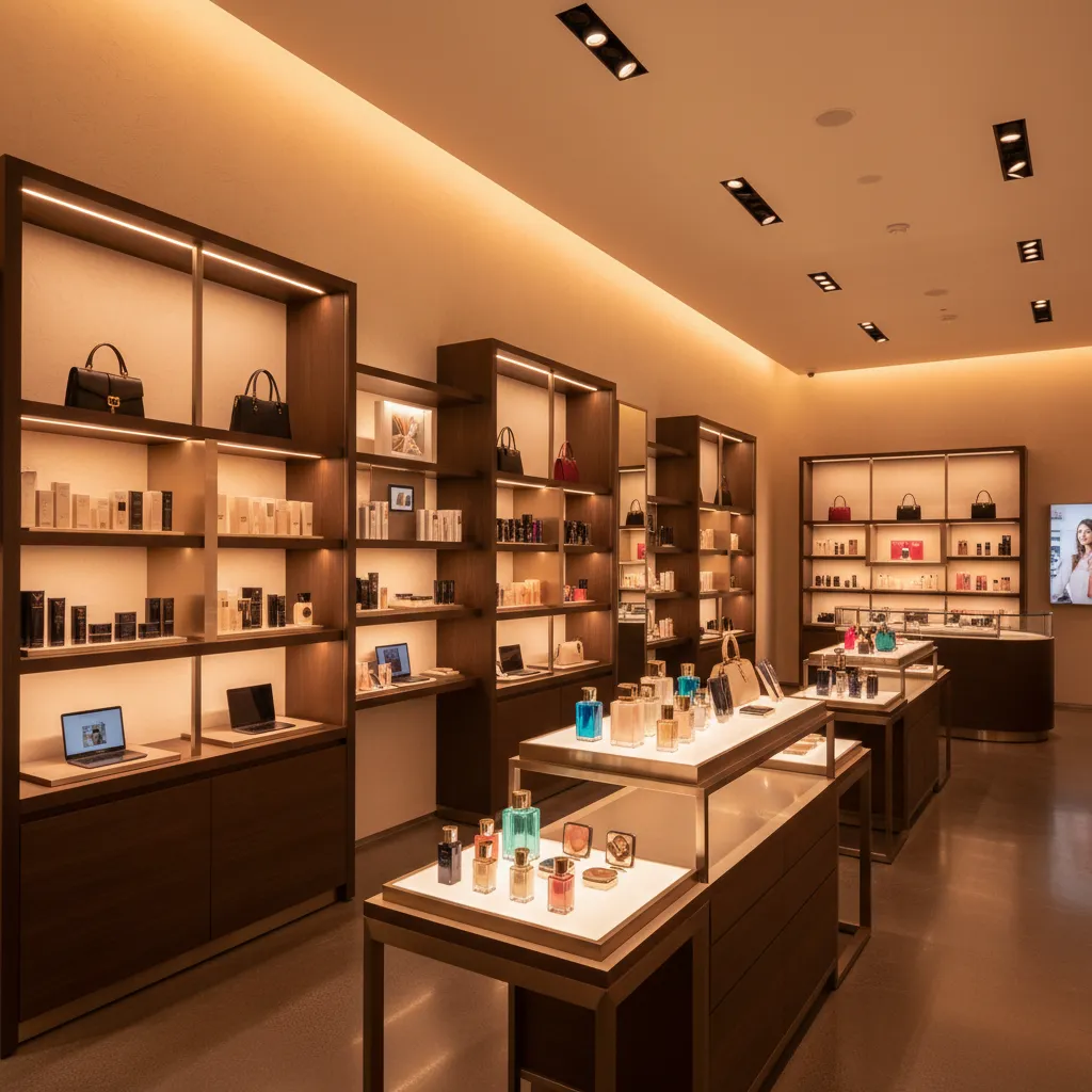 Luxury perfume shop with wooden wall shelves for handbags and lighted glass product display tables