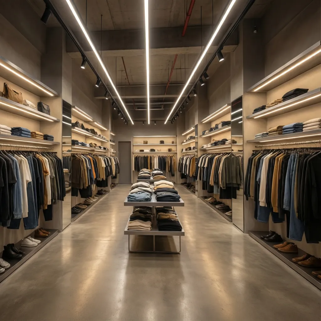 modern retail store with ceiling linear lighting guiding shoppers