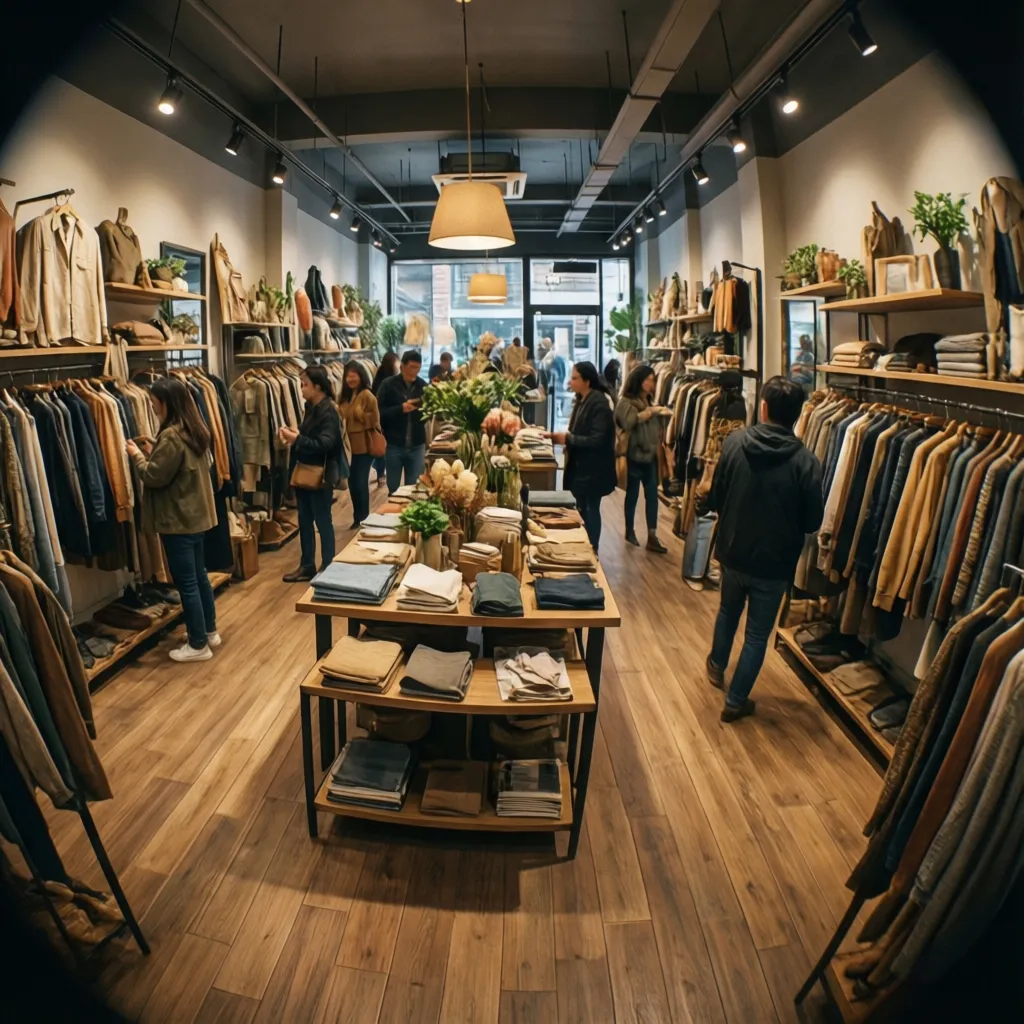 Interior de tienda con recorrido en bucle alrededor de mesas de exposición