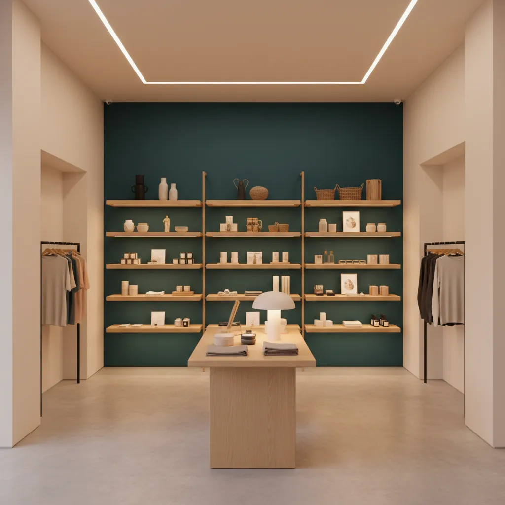 Retail shop interior with bold painted feature wall and product display shelving