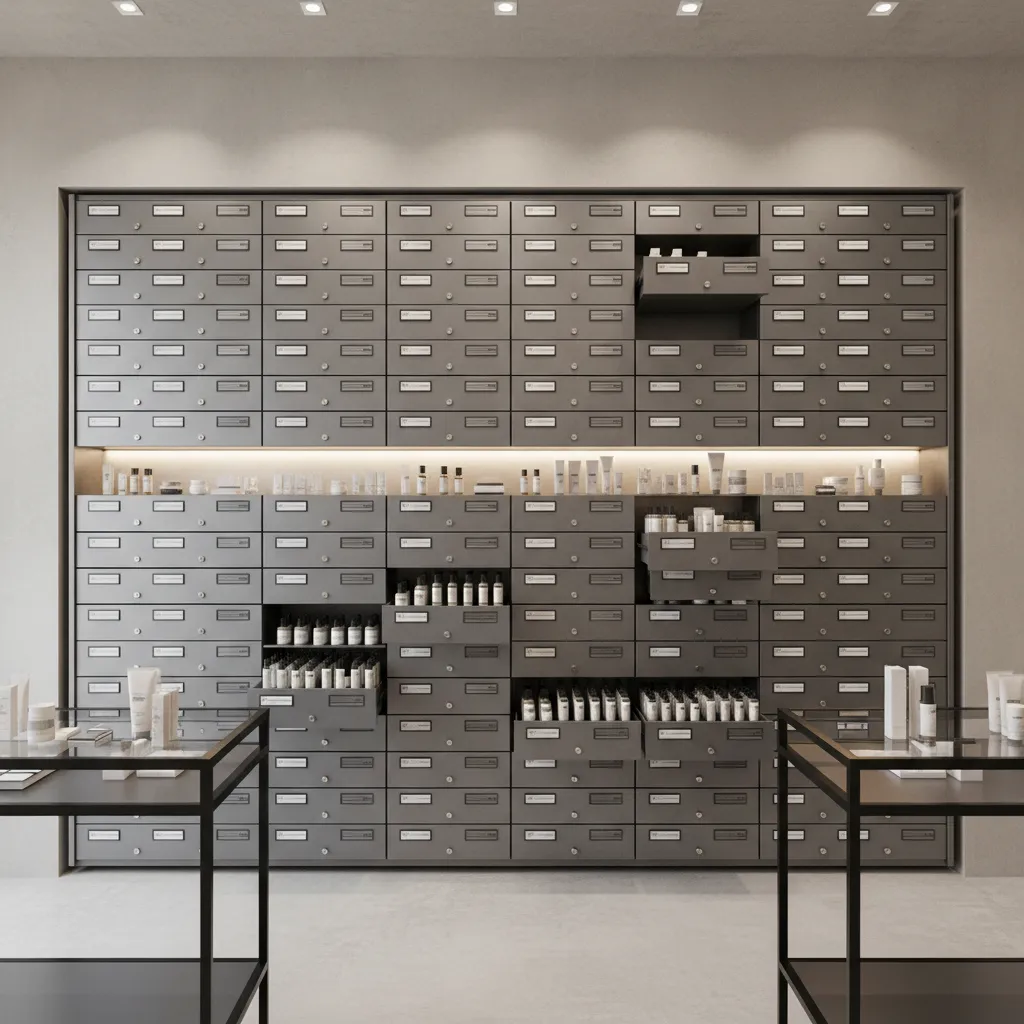 Retail storage cabinet with multiple labeled drawers using apothecary style cabinet pulls