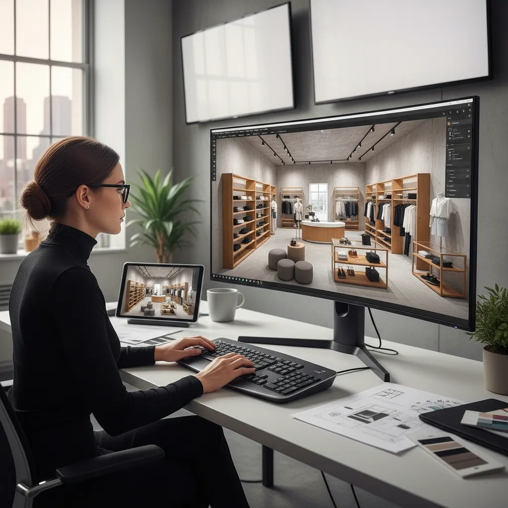 Diseño 3D de tienda planificando distribución interior