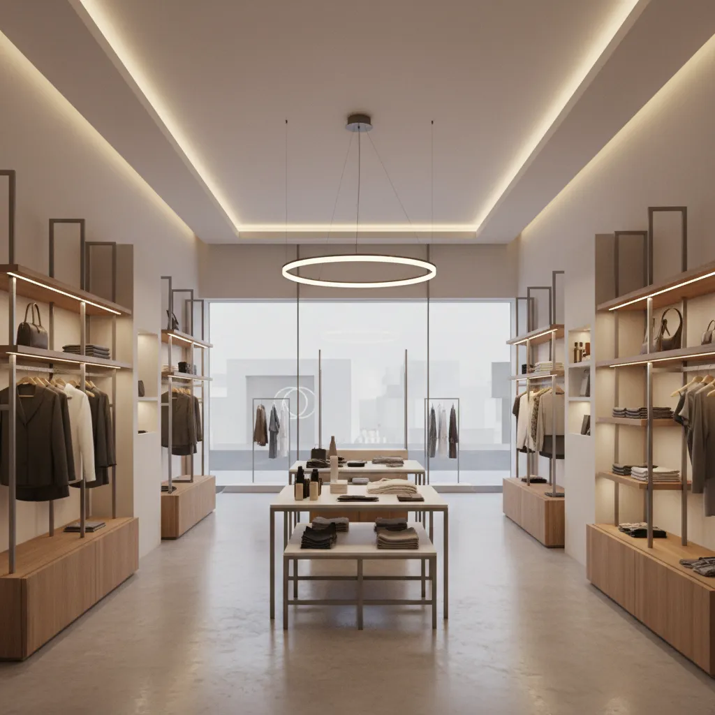 Minimalist clothing boutique interior design drawing with ring light fixture and symmetrical wooden display wall shelves