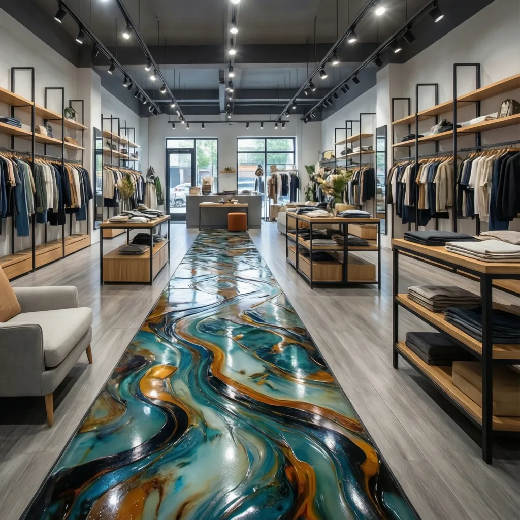 Clothing store interior with colorful wavy floor wooden shelves racks of clothes and ceiling light