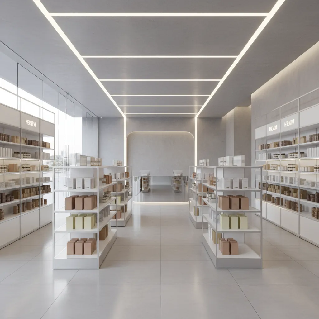 Render 3D de una tienda mostrando mobiliario, iluminación y distribución