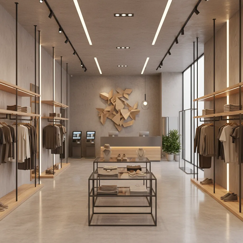 3D rendered retail store interior showing shelves, displays, and checkout layout