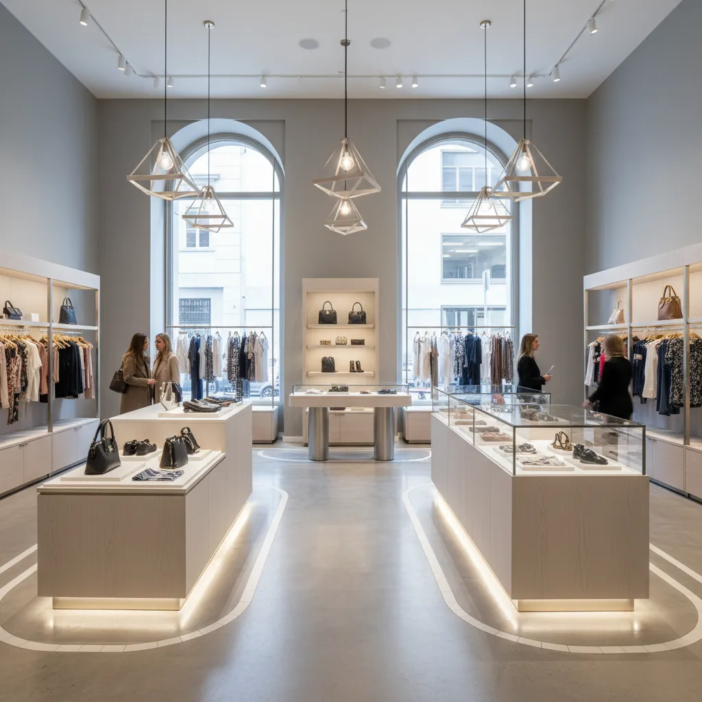 Modern retail clothing store with display islands clothes racks large arched windows and ceiling lights