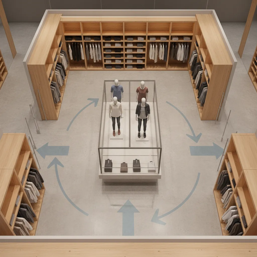 Interior design drawing showing customer flow layout with wooden shelves, mannequins, and blue movement direction arrows