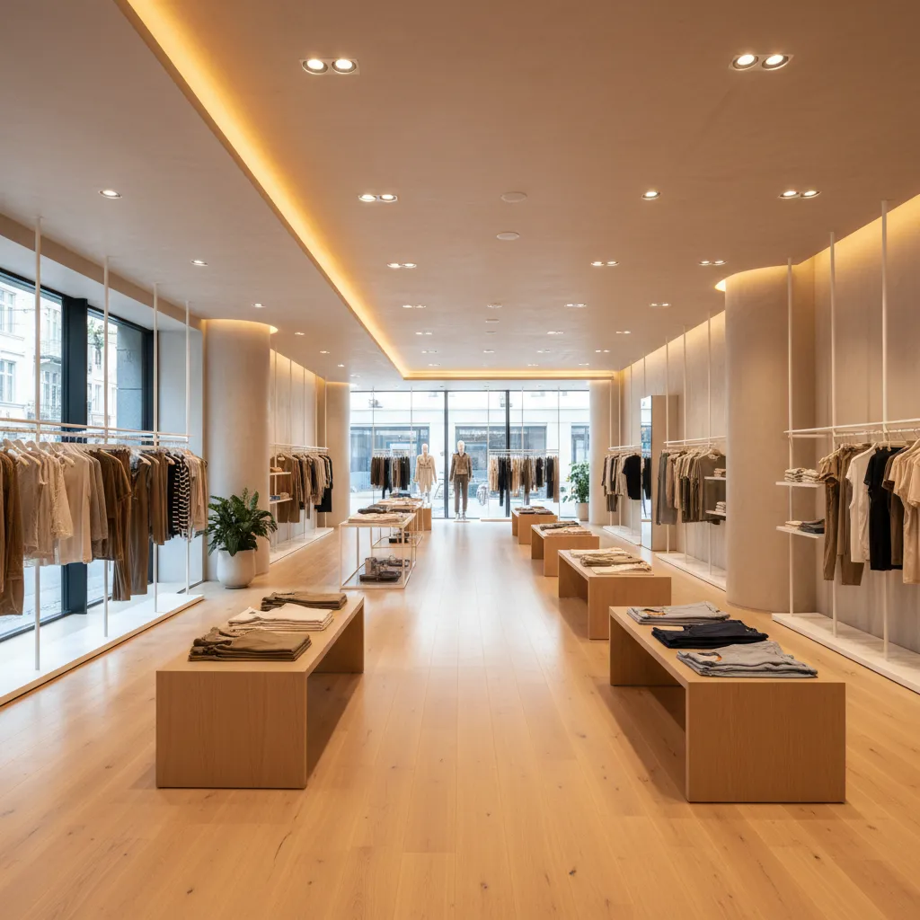 Diseño interior de tienda mostrando recorrido de clientes entre estanterías