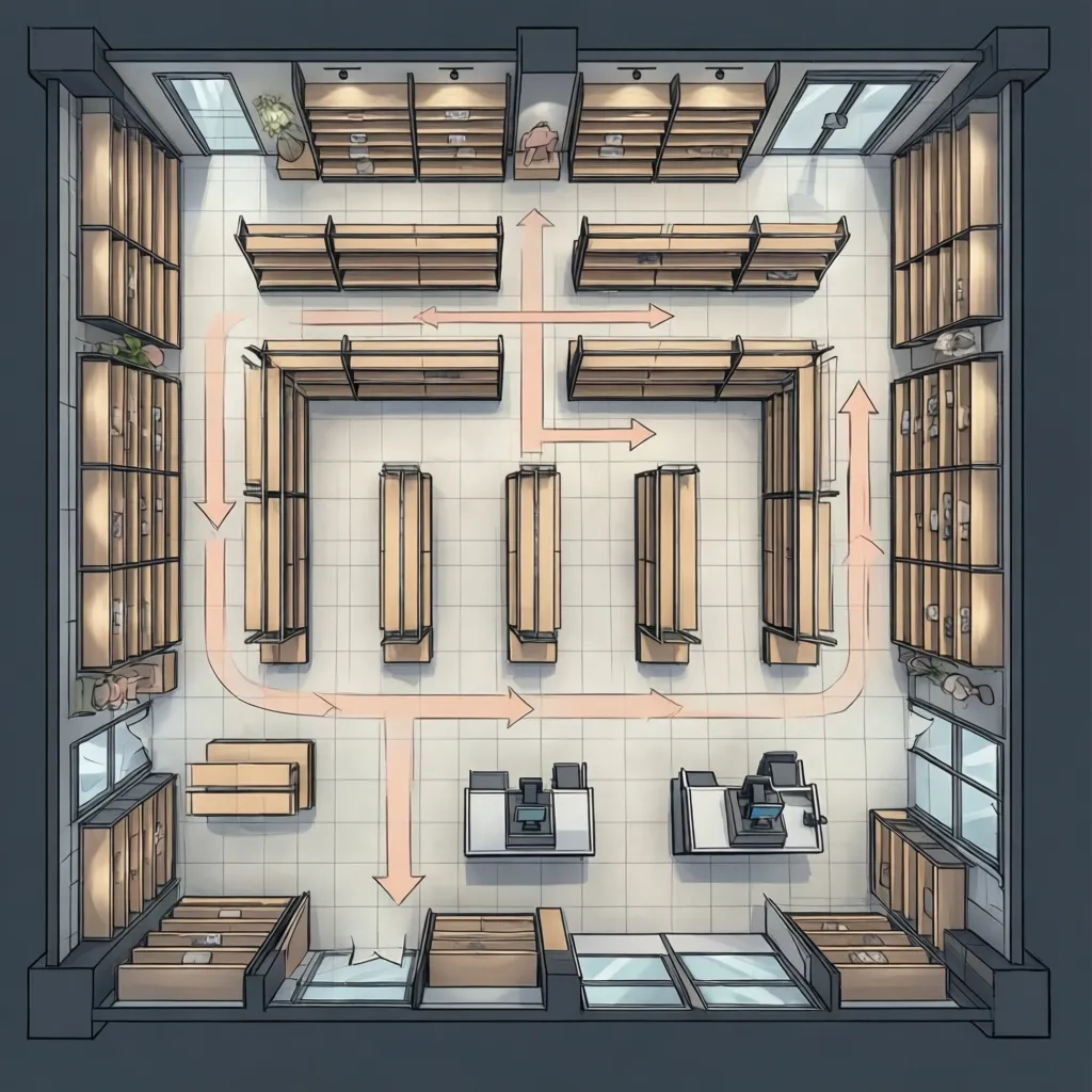Retail floor plan diagram showing customer flow path and fixture zones