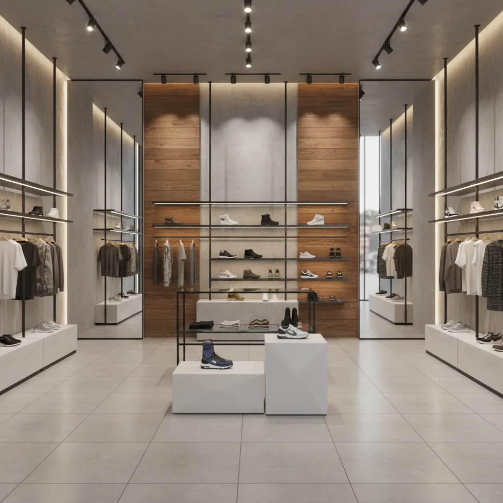 Modern clothing store with wood wall panels, metal racks, shoes on shelves, and ceiling lights