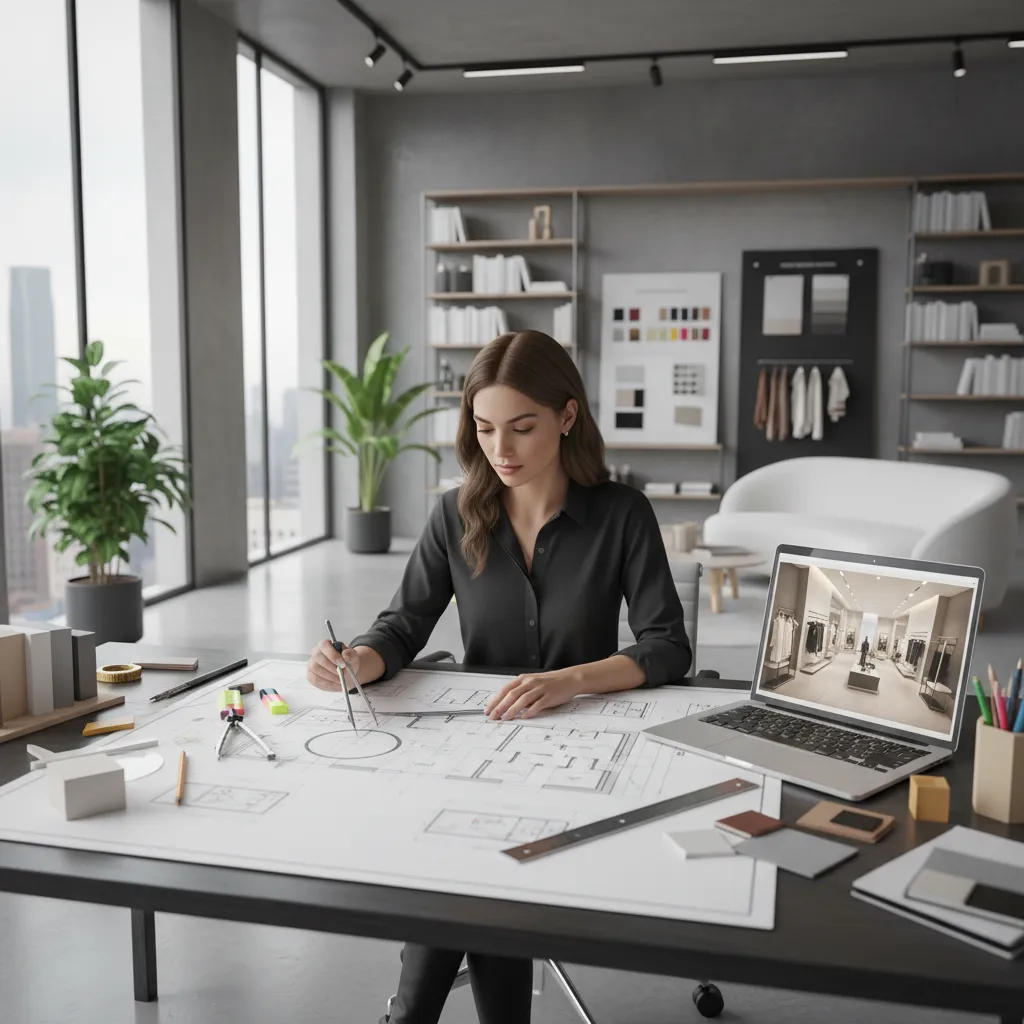 Diseñador revisando planos de distribución de tienda en estudio de interiorismo