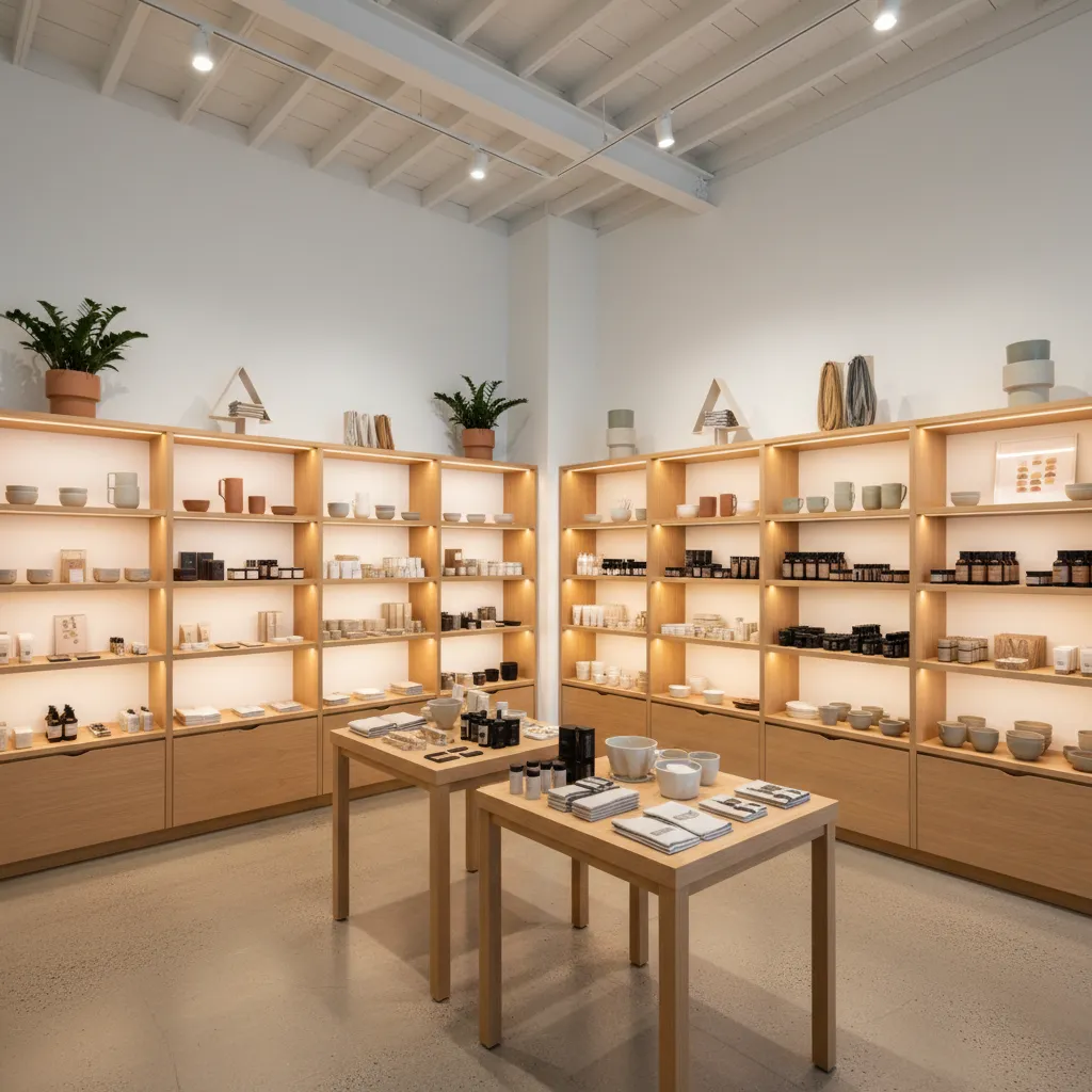 Interior de tienda moderna con estanterías organizadas y zonas de exposición