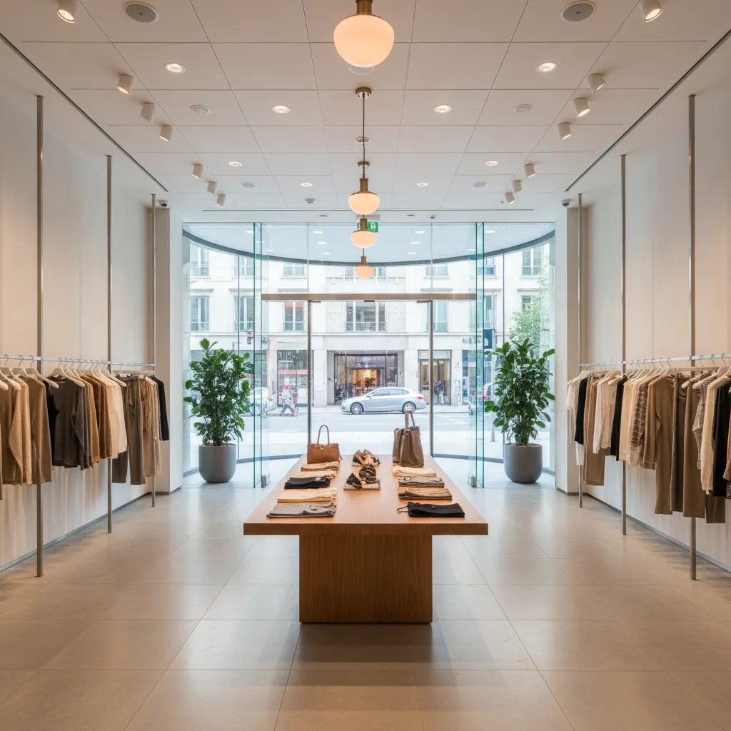 Retail clothing store entrance featuring glass doors, wooden display table, side clothing racks, and ceiling lights