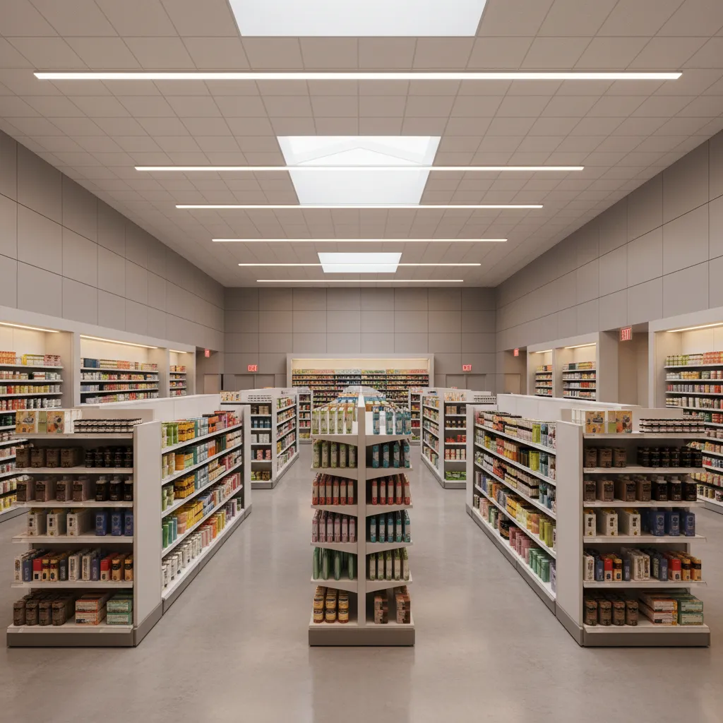 large retail store interior showing wide aisles leading to emergency exits