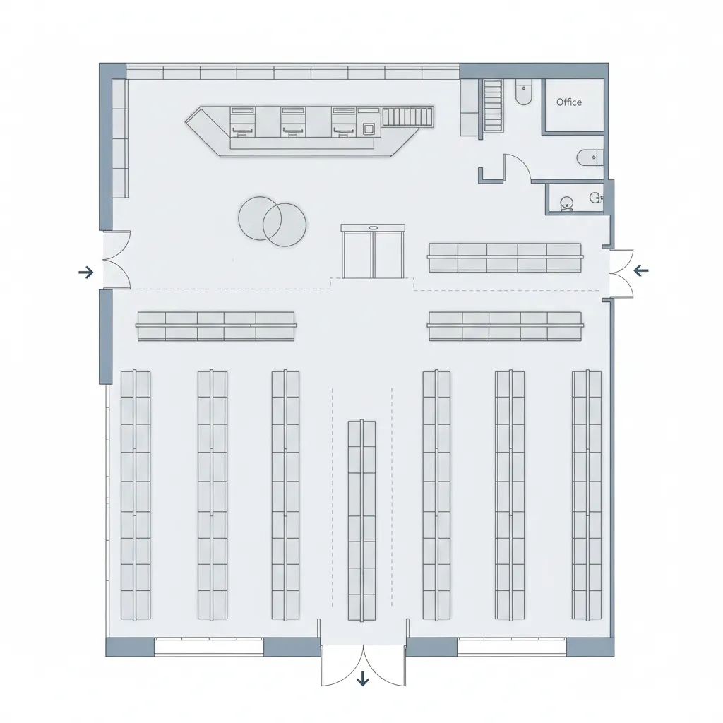 Retail store floor plan with shelves and checkout layout