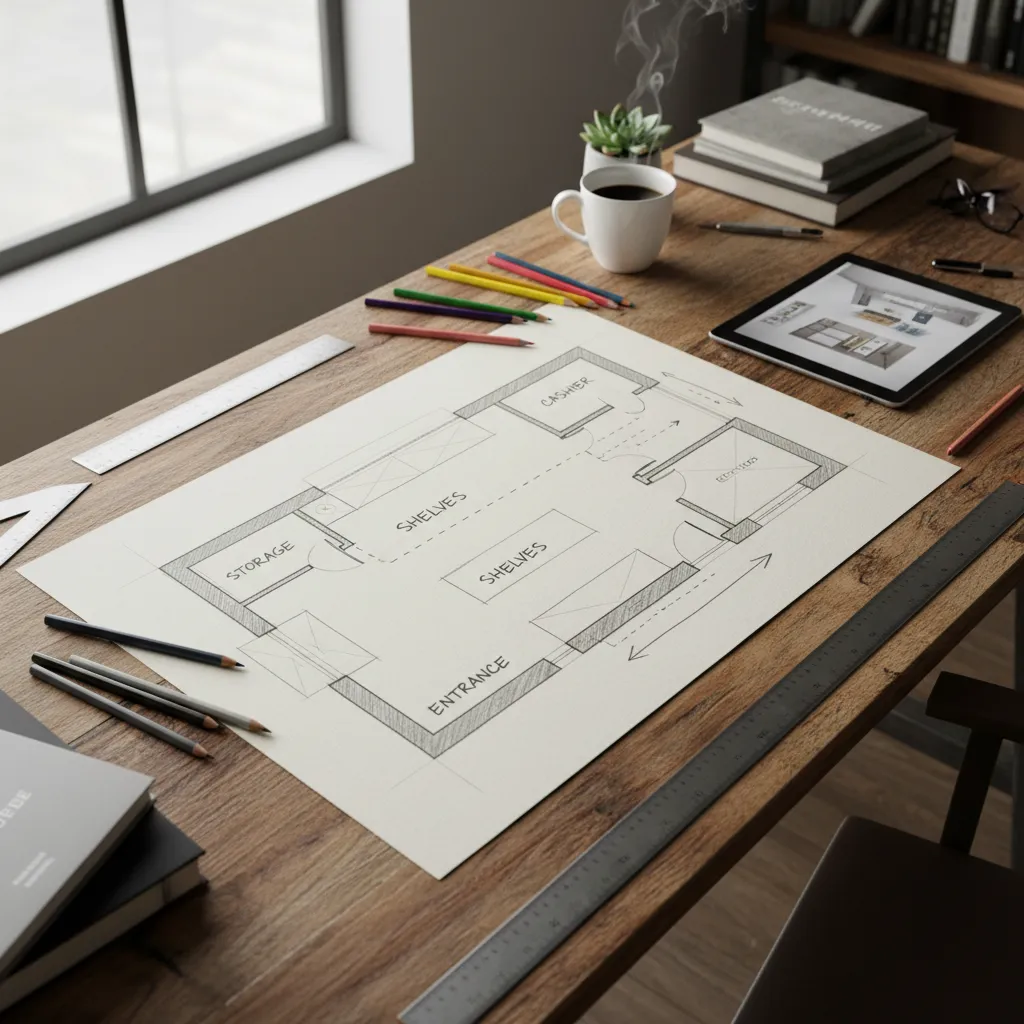 Hand drawn floor plan sketch on white paper on wooden desk with pencils and coffee