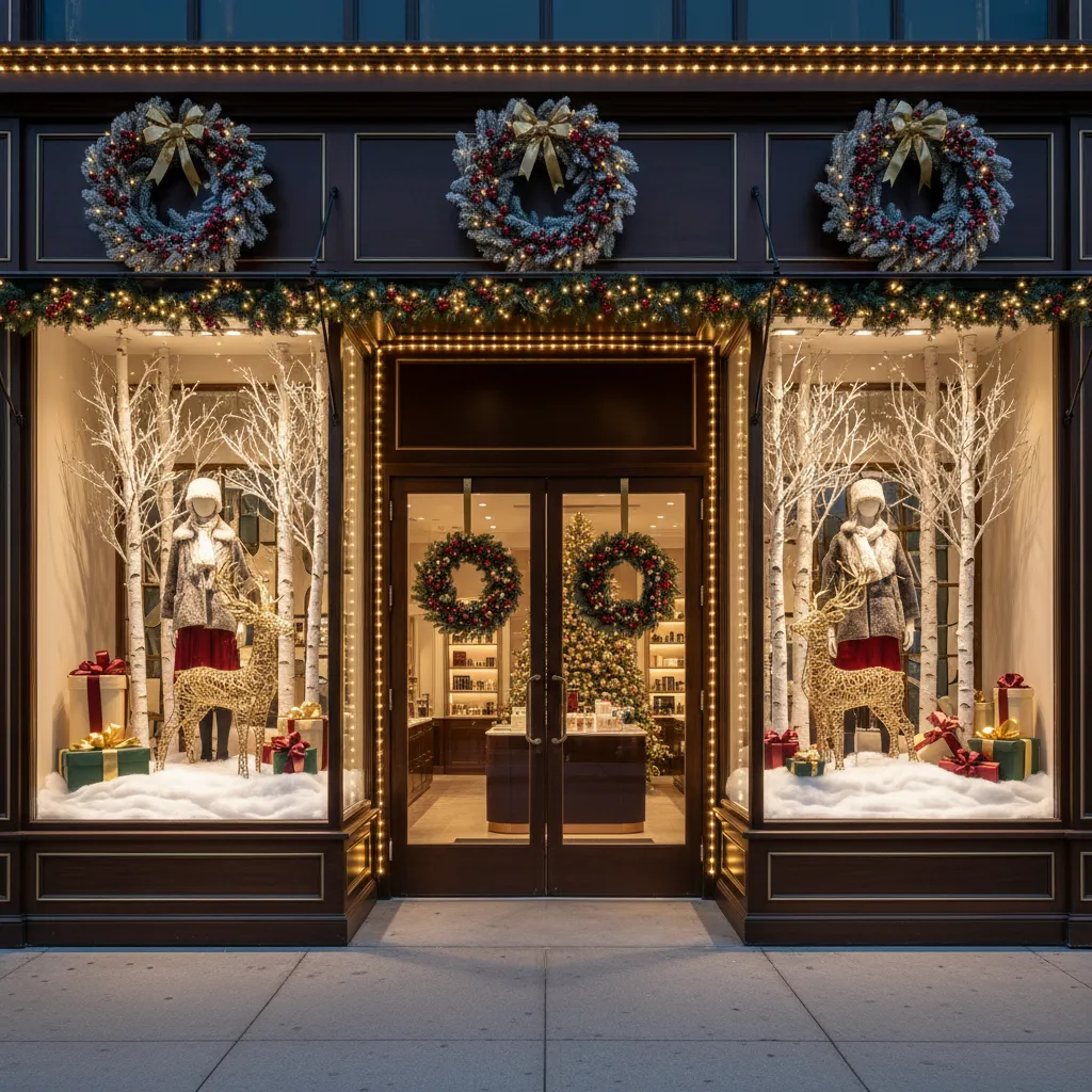 Retail store entrance decorated for Christmas holiday display