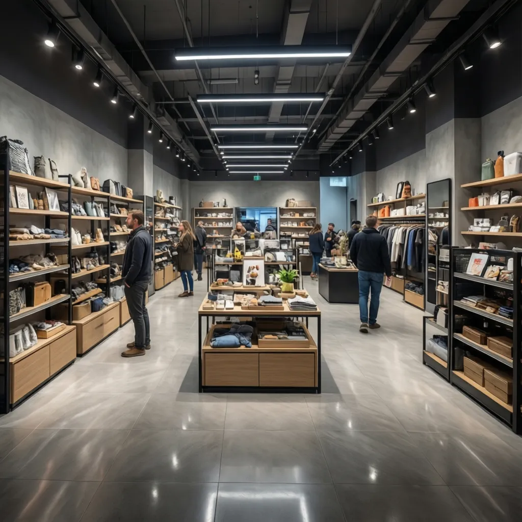 stylish retail store interior with product displays and lighting design
