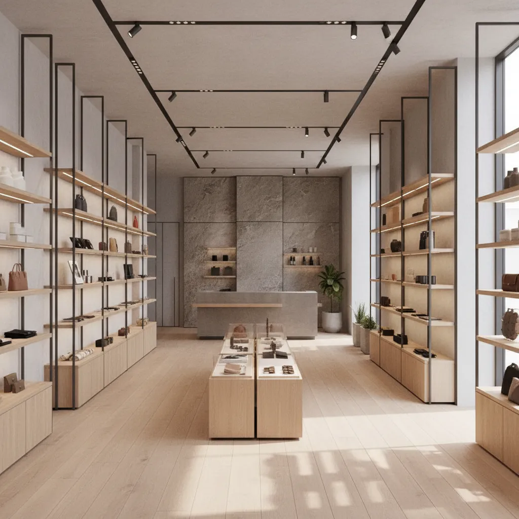 Modern retail store with wooden shelves, track light fixtures, stone counter, and light wood flooring