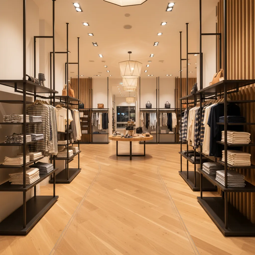 Interior de tienda con recorrido claro y exposición organizada