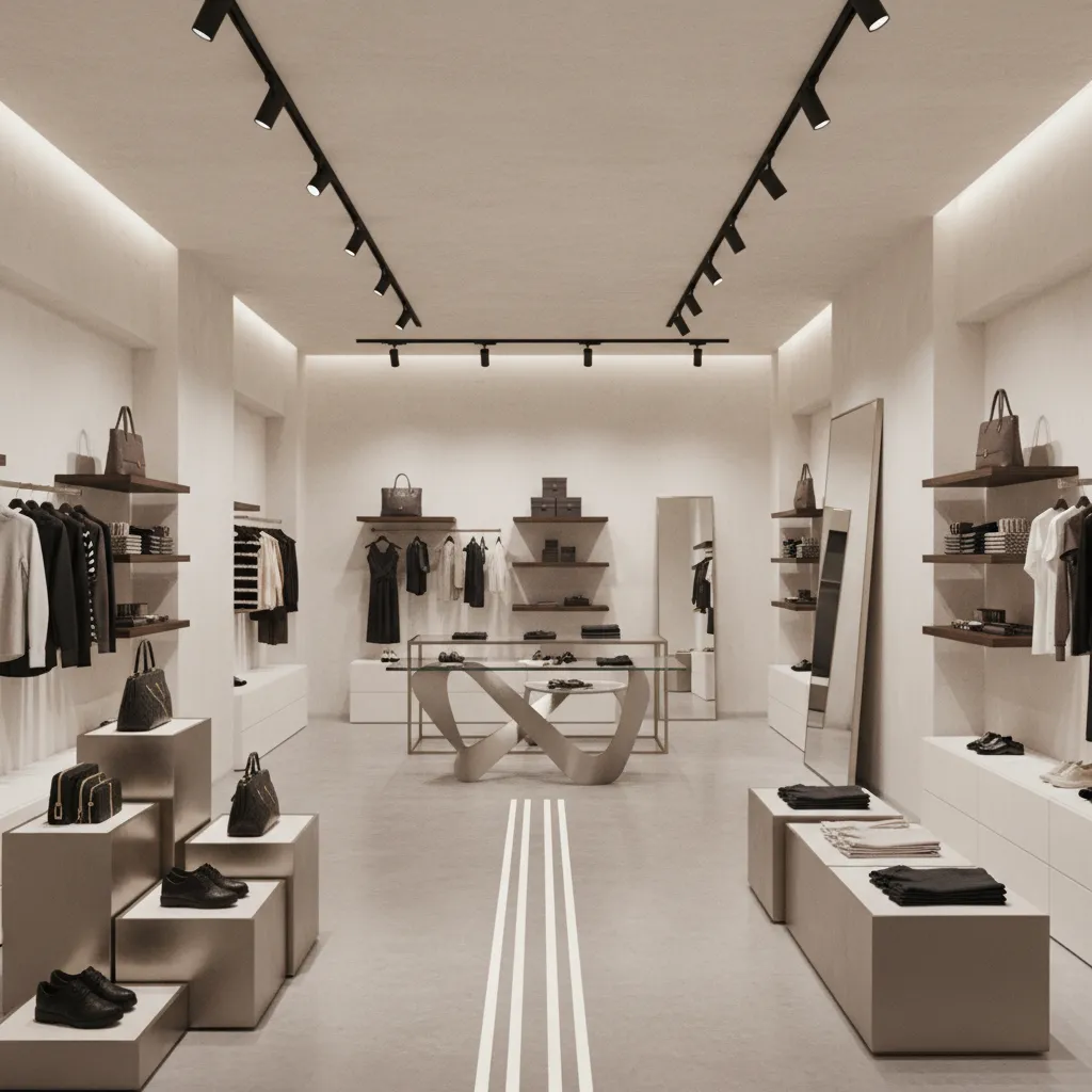 Modern retail store interior layout with product displays and lighting