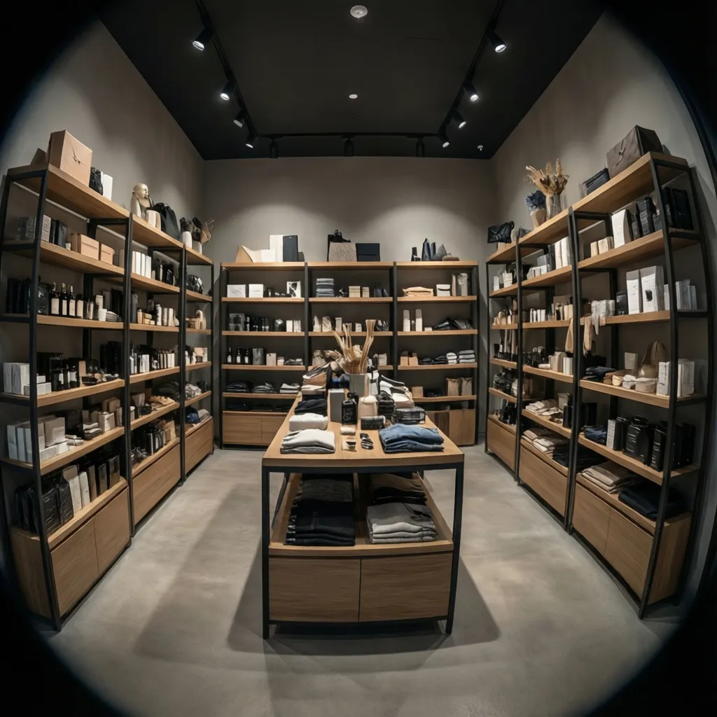 Boutique retail store interior layout with product displays and lighting