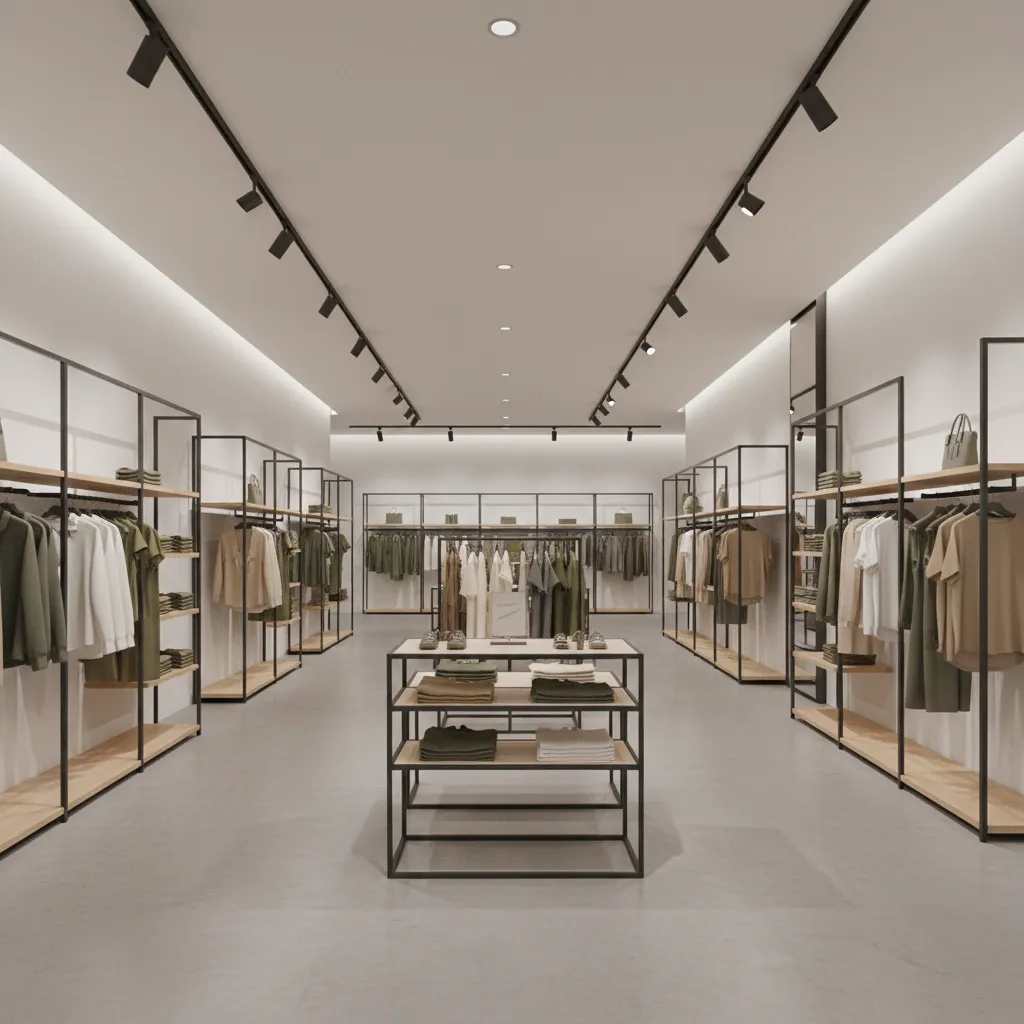 Minimalist clothing store featuring black metal racks wooden shelves ceiling lights and clean floor layout