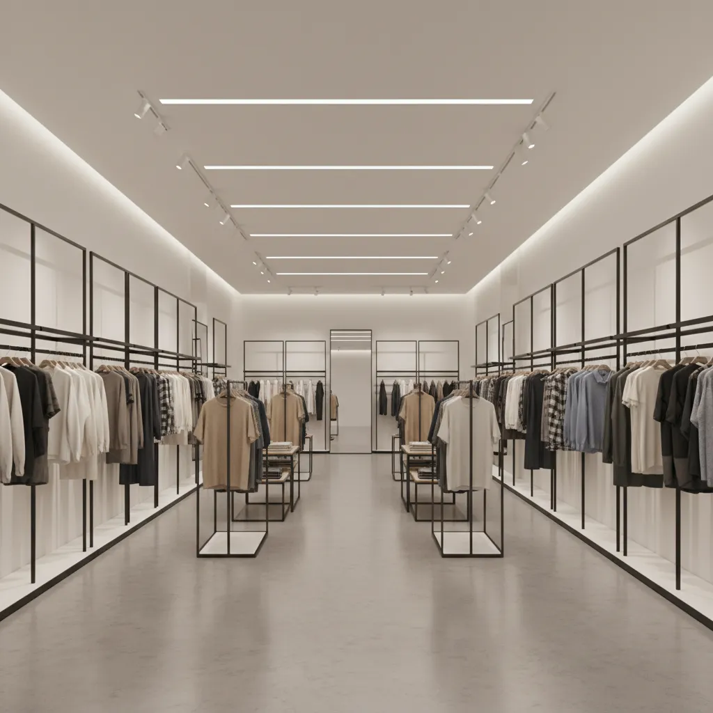 Retail clothing store interior with display lighting and organized product layout