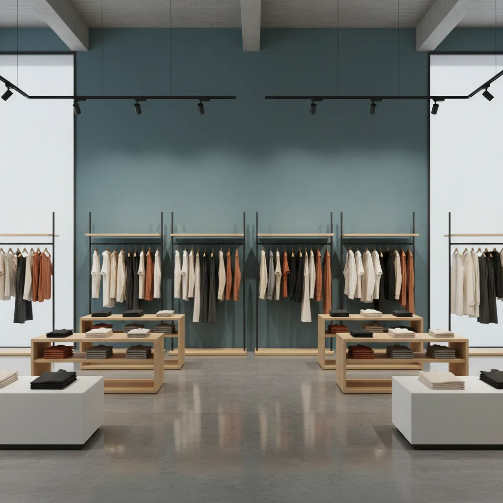 Retail store interior with durable brand colored wall paint and display lighting