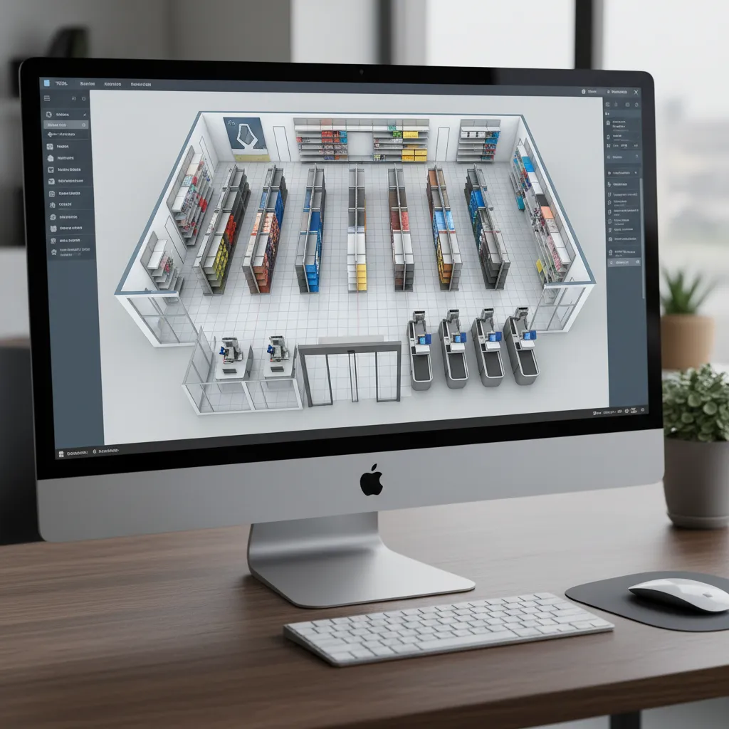 3D retail store floor planning interface showing shelves and aisle layout