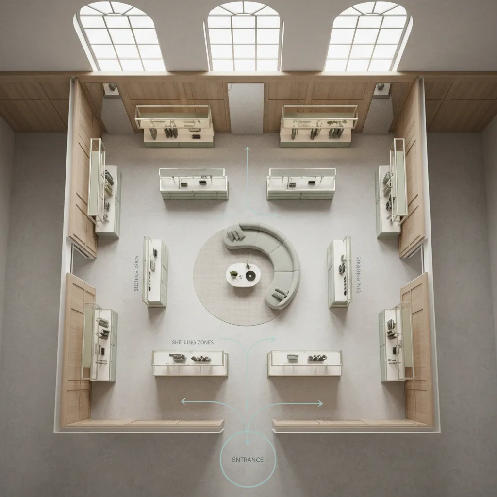 Plano de distribución de una tienda con recorrido del cliente marcado